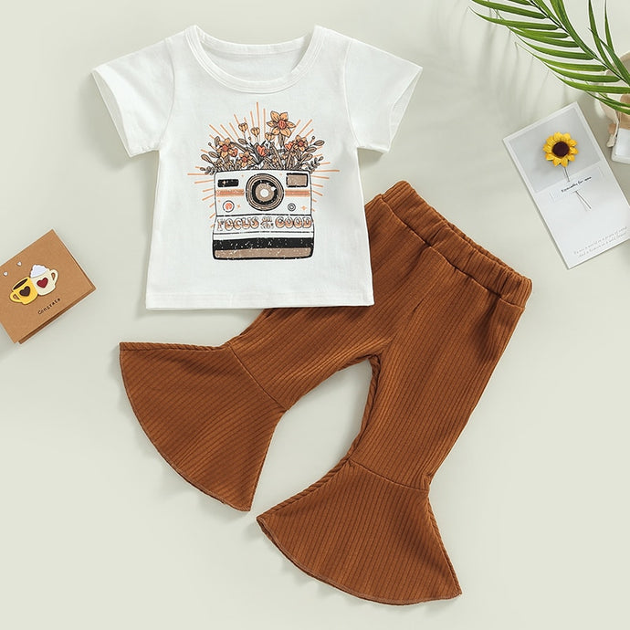 Toddler Girls Vintage Polaroid Outfit Sets White Short Sleeve Flower Print T-shirt and Ribbed Flared Pants