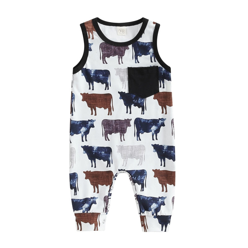 Infant Baby Boy Western Romper Clothes Tank Top Round Neck Cow Print Jumpsuit Playsuit