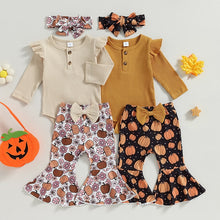 Load image into Gallery viewer, Baby Girl 3Pcs Halloween Fall Clothes Long Sleeve Bodysuit Top Pumpkin Flared Pants
