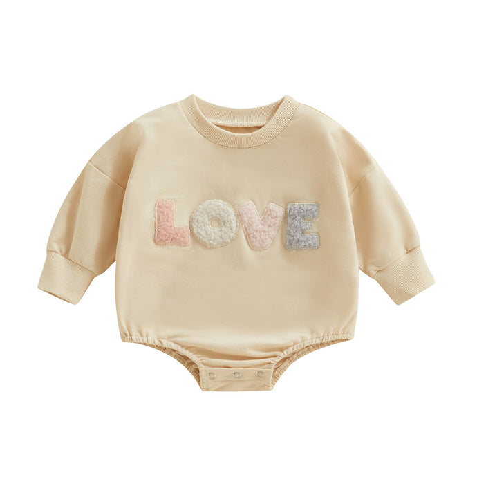 Infant Baby Girl Fall Bodysuit Fuzzy Letter Love Printed Long Sleeve Round Neck Bodysuit Bubble Romper
