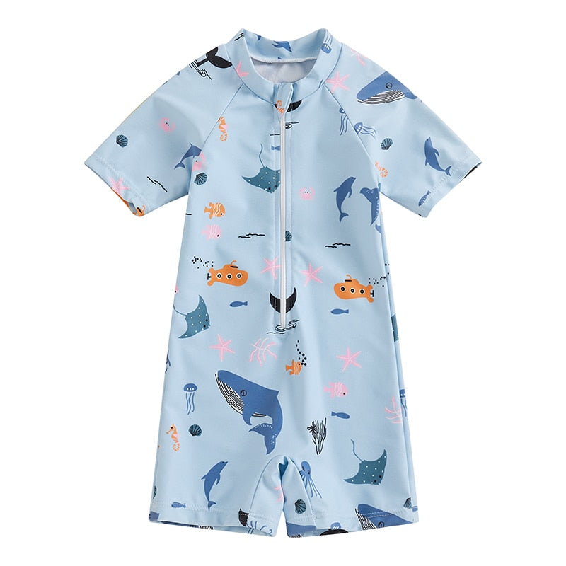 Toddler Baby Boy Girl Summer Marine Life Print Short Sleeve Front Zipper Shorts Swim Suit Swimwear