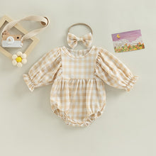 Load image into Gallery viewer, Infant Baby Girls Plaid Long Sleeve Jumpsuit with Bow Headband Romper Outfit
