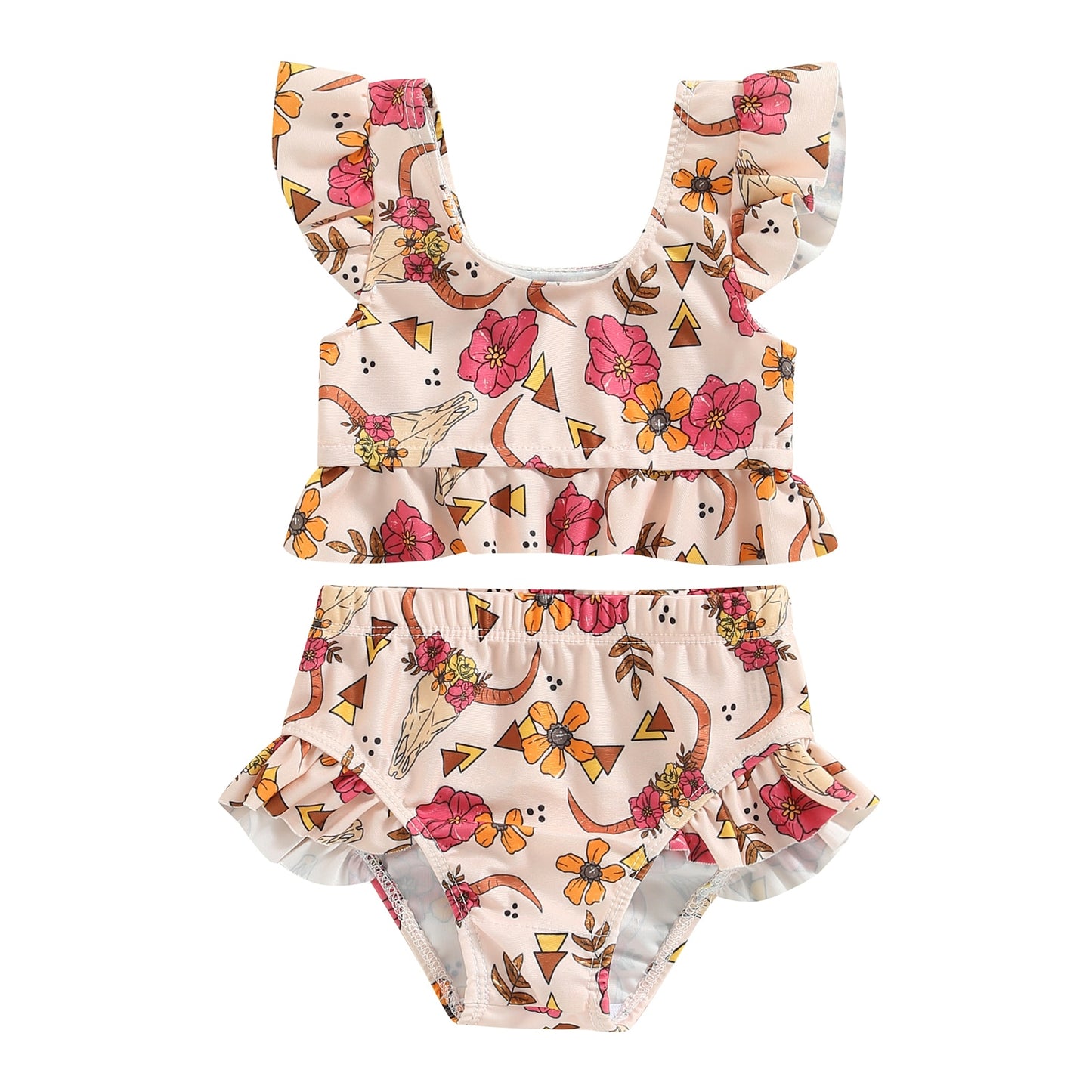 Toddler Baby Girl 2Pcs Bikini Set Flower Bison Print Flutter Sleeve Bathing Swimsuit