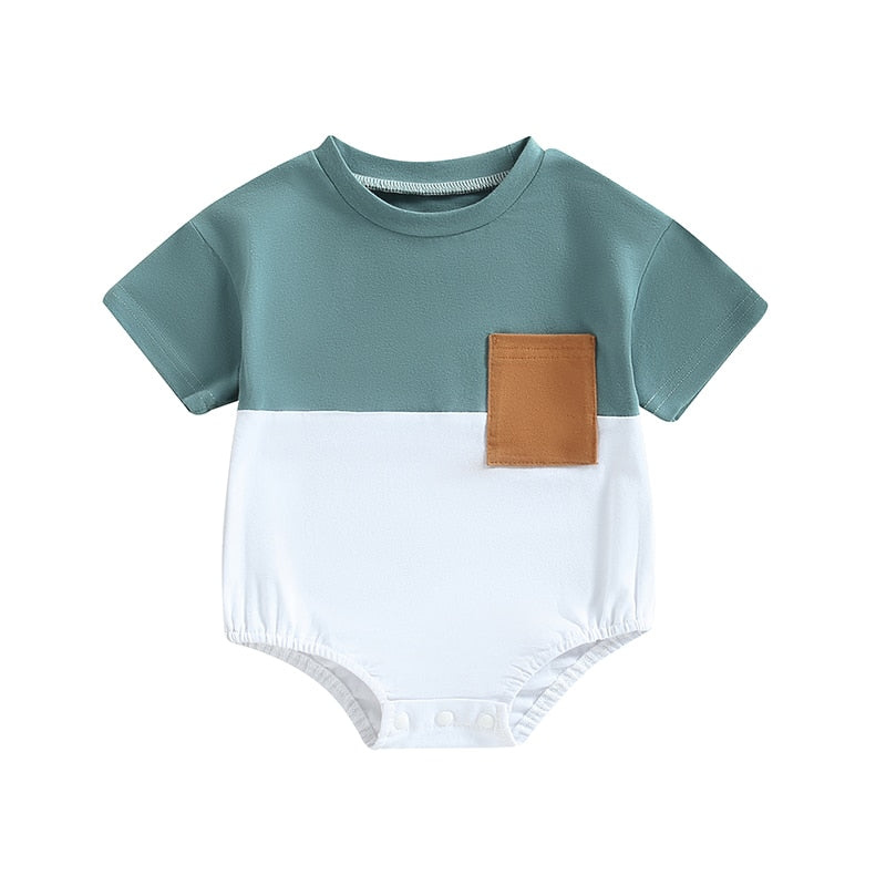 Infant Baby Boys Girls Casual Bodysuit Color Block Short Sleeve Crew Neck Pocket Jumpsuits Bubble Romper