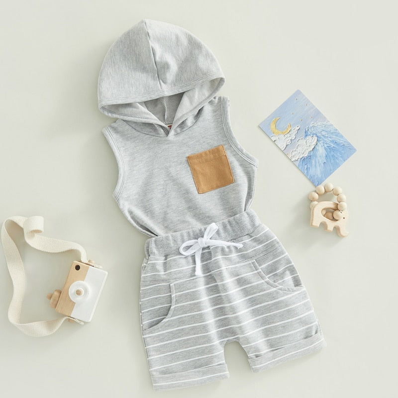 Baby Toddler Boys Summer 2PCS Outfit Hoodie Tank Top Striped Drawstring Shorts