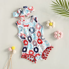 Load image into Gallery viewer, Infant Baby Girls 2Pcs Summer Bodysuit Tank Top Boots Cattle Head Donut Print Playsuit Pom Pom Romper Outfit
