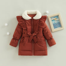 Load image into Gallery viewer, 4-7Y Winter Toddler Kids Girls Down Coat Solid Ruffles Long Sleeve Zipper Fur Collar Long Jacket With Belt

