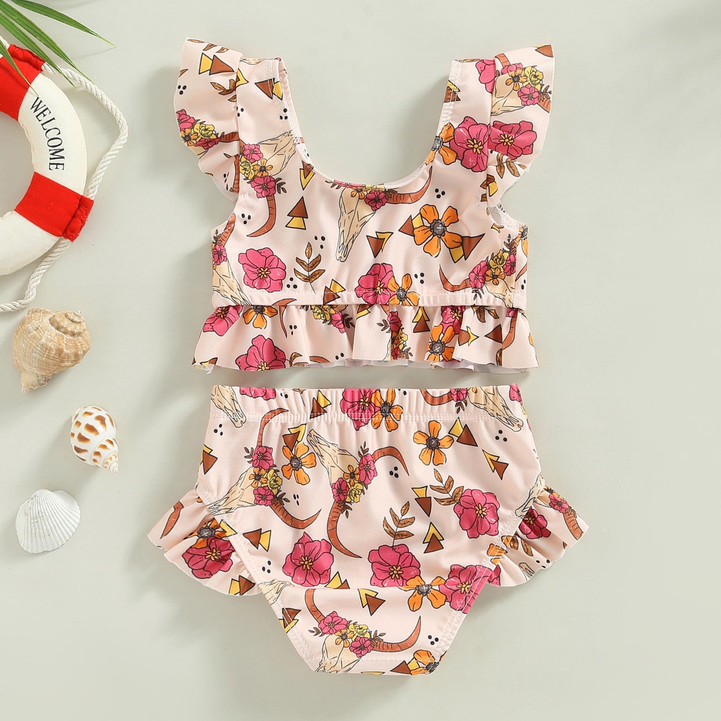 Toddler Baby Girl 2Pcs Bikini Set Flower Bison Print Flutter Sleeve Bathing Swimsuit