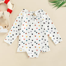 Load image into Gallery viewer, Toddler Baby Girl Summer Long Sleeve Ruffle Bottom Heart Print Bathing Suit Swimwear Rash Guard
