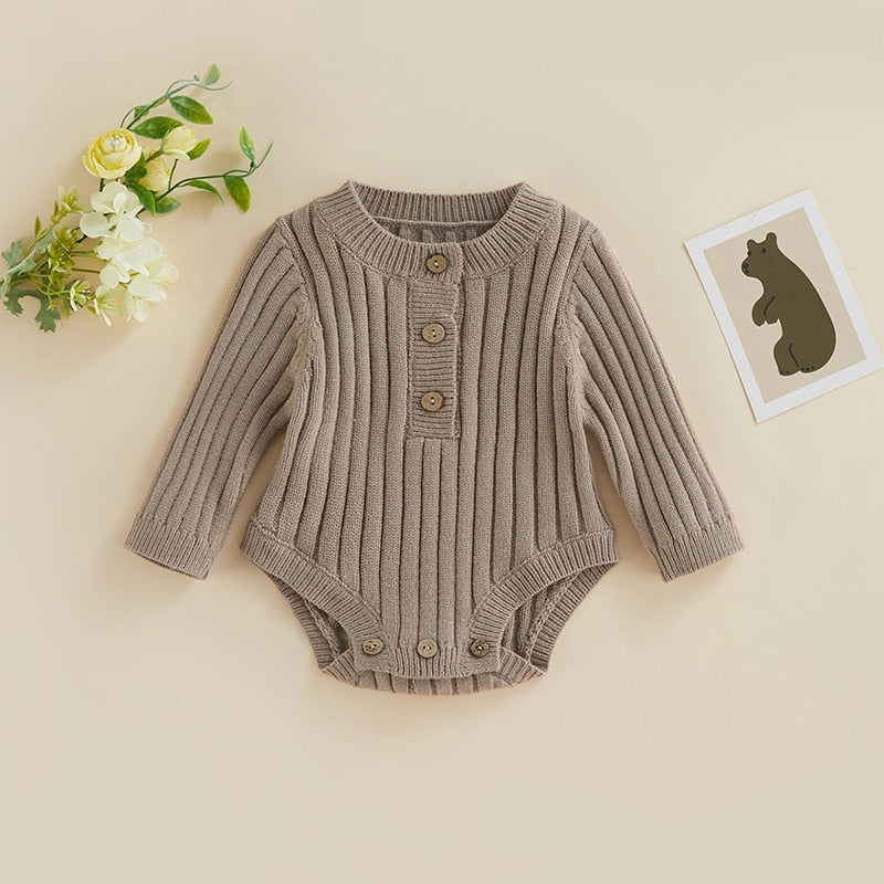 Infant Baby Girl Boy Knit Bodysuit Long Sleeve Crew Neck Solid Color Fall Winter Jumpsuit Romper