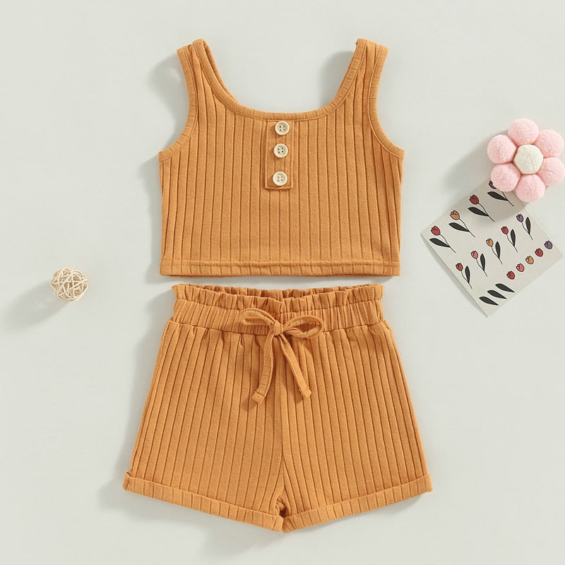 Baby Toddler Girls 2Pcs Summer Outfit Solid Button Tank Top and Ribbed Drawstring Shorts