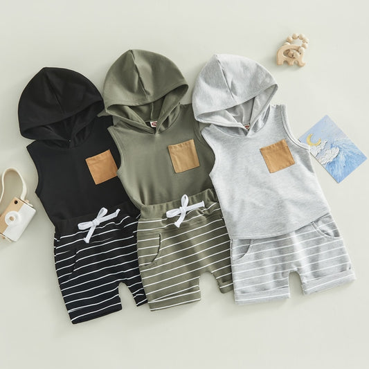 Baby Toddler Boys Summer 2PCS Outfit Hoodie Tank Top Striped Drawstring Shorts