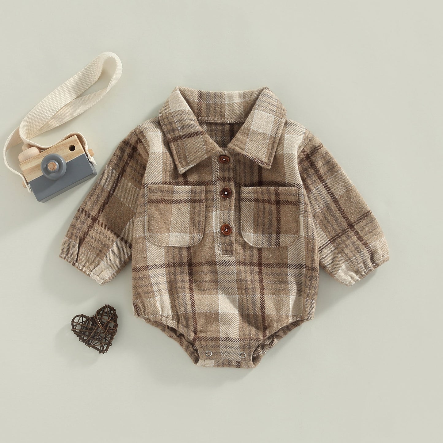 Plaid Baby Boy Long Sleeve Button Vintage Romper With Pocket