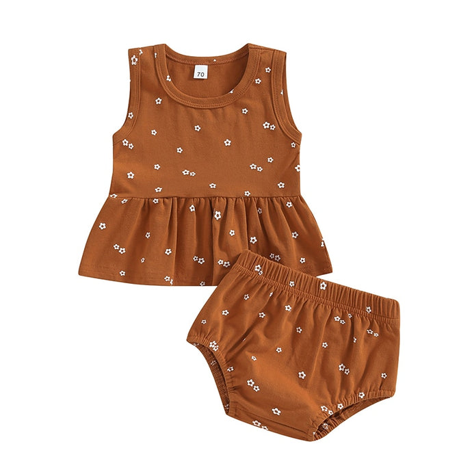 Baby Girls 2pcs Outfit Ruffled Hem Floral Tank Tops and Bloomer Shorts