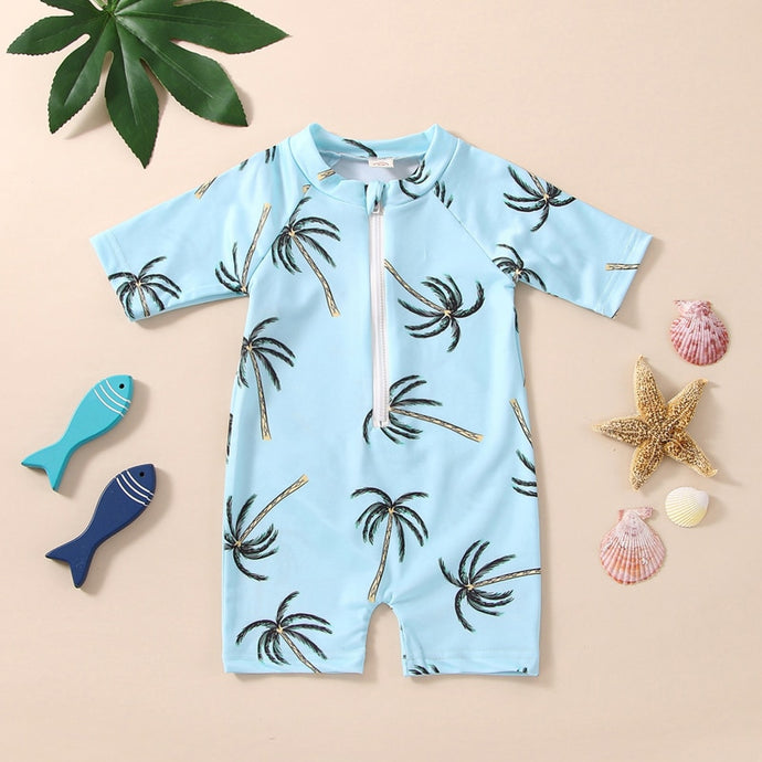 Toddler Girls Boys Summer Romper Swimwear Blue Short Sleeve Tropical Palm Tree Print Zipper Romper
