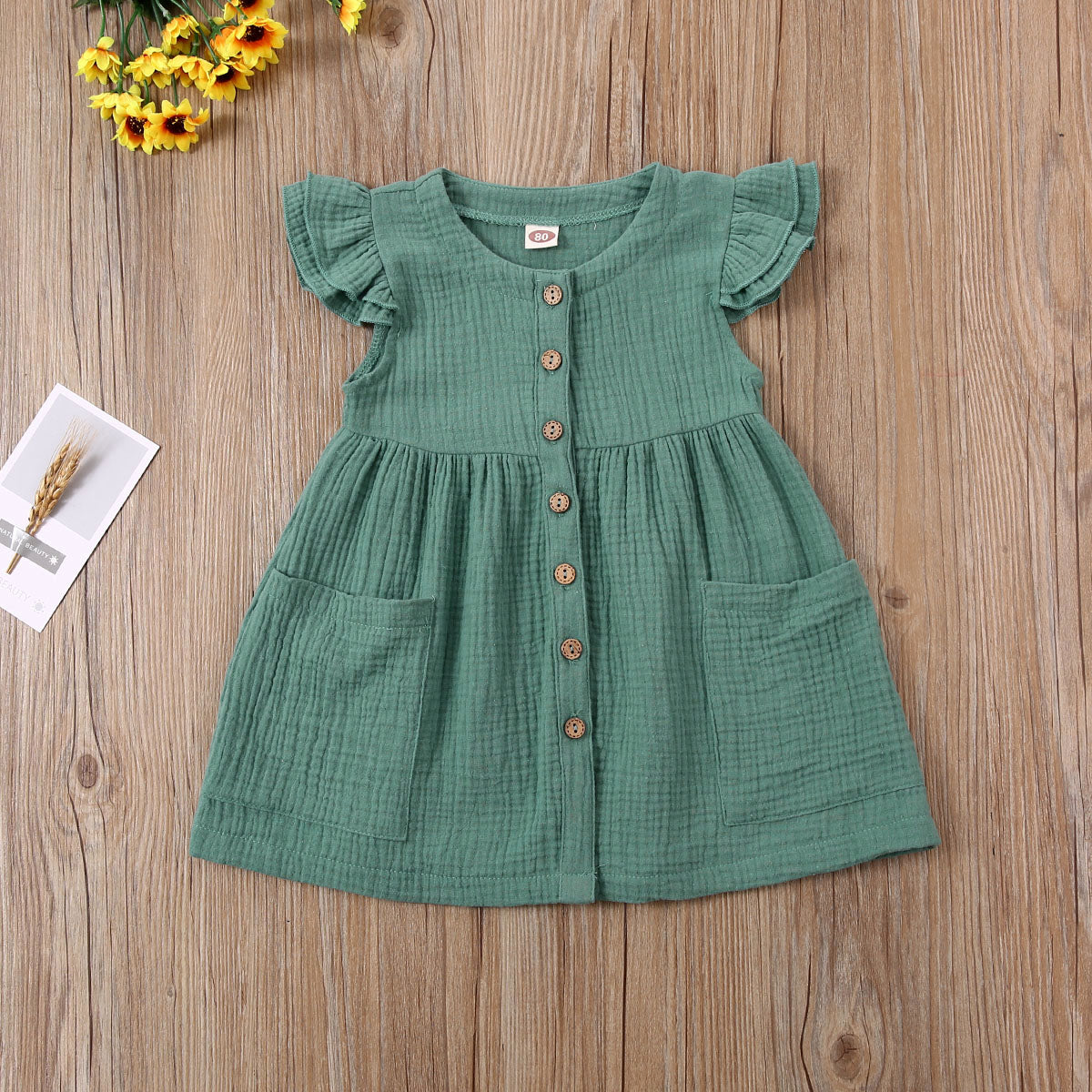 Toddler Kid Baby Girl Summer Dress Ruffles Sleeves Cotton Button Pocket Dress Sundress