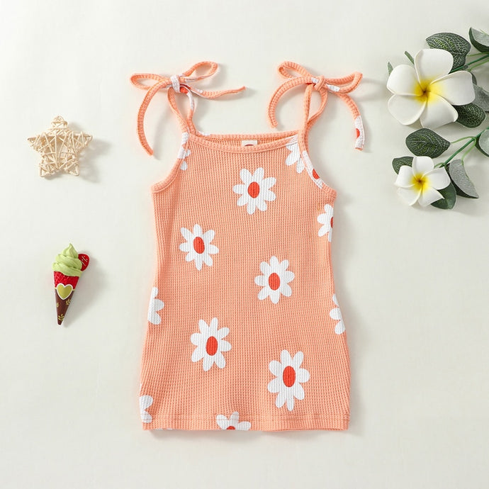 Toddler Kids Baby Girl Waffle Summer Dress Tank Top Tie Shoulder Floral Print Beach Dress