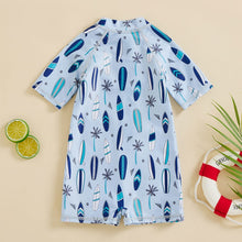 Load image into Gallery viewer, Toddler Baby Girl Boy Swimsuit Swimwear Surfboard Palm Trees Print Short Sleeve Rash Guard Bathing Suit
