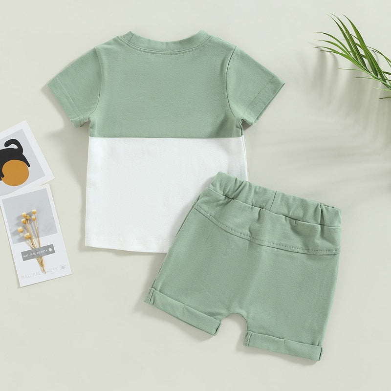 Baby Toddler Boys 2Pcs Outfit Set Short Sleeve Pocket Contrast Color Tee Solid Drawstring Shorts