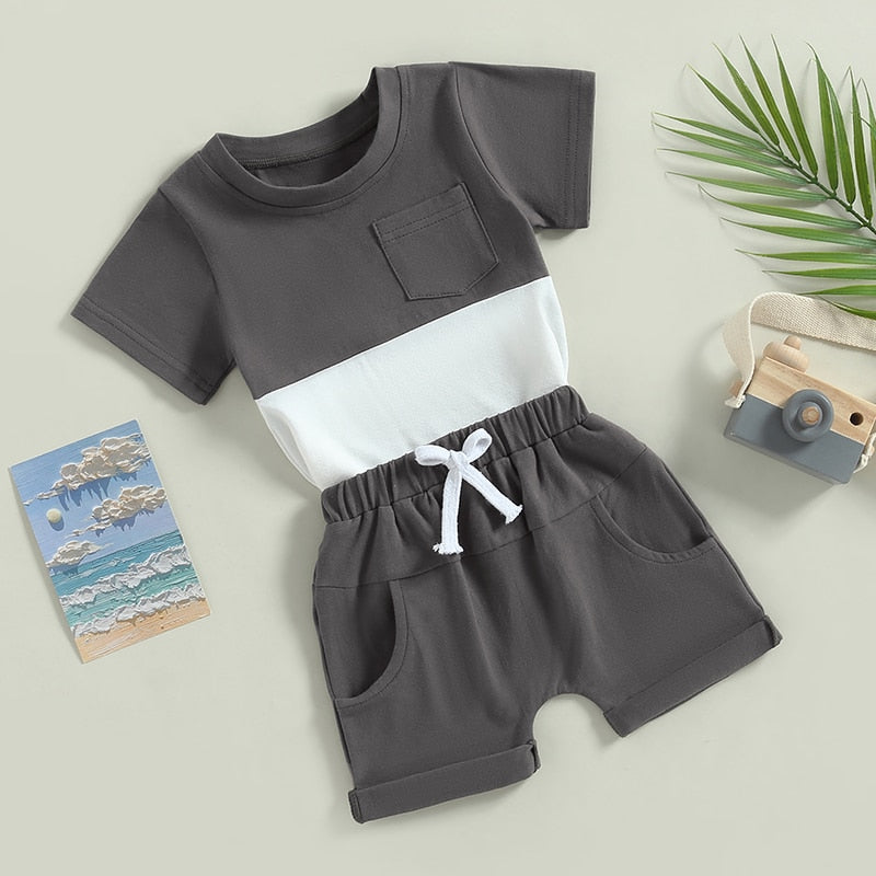 Toddler Baby Boys 2Pcs Outfit Short Sleeve Pocket Color Block T-shirt with Elastic Waist Shorts