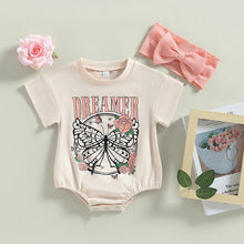Load image into Gallery viewer, Infant Baby Girl 2Pcs Bodysuit Short Sleeve Dreamer Butterfly Flower Print Bubble Romper Bowknot Headband
