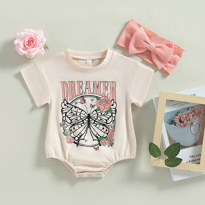 Infant Baby Girl 2Pcs Bodysuit Short Sleeve Dreamer Butterfly Flower Print Bubble Romper Bowknot Headband