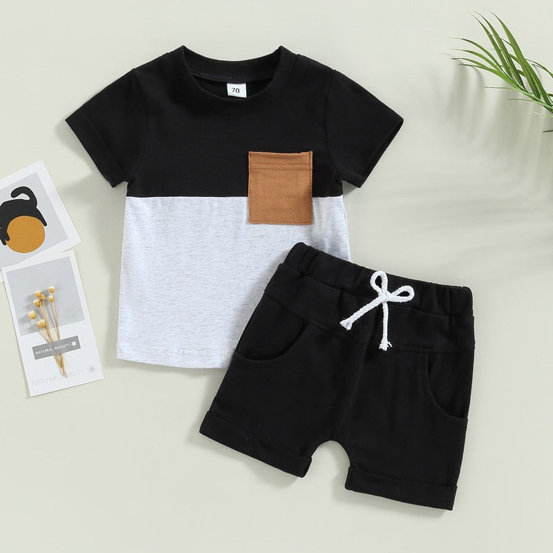 Baby Toddler Boys 2Pcs Outfit Set Short Sleeve Pocket Contrast Color Tee Solid Drawstring Shorts