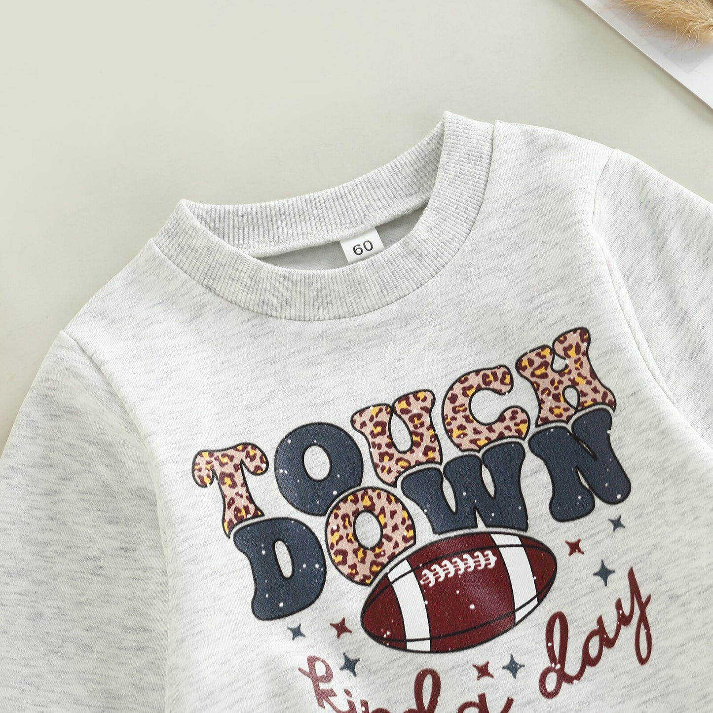 Baby Boy Girls Romper Football Season Touchdown Kinda Day Letter Leopard Printed Long Sleeve Grey Jumpsuit Bubble Romper