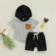 Load image into Gallery viewer, Adorable Baby Toddler Boy Striped Short Sleeve Hoodie Top With Pocket And Matching Shorts
