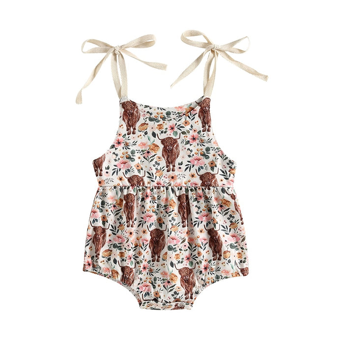 Infant Baby Girls Bodysuit Sling Romper Tie Tank Top Cattle Cow Head Floral Print Bubble Romper