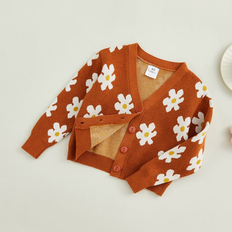 Toddler Girls Autumn Clothes Knit Cardigan Long Sleeve V Neck Floral Print Button Down Sweater