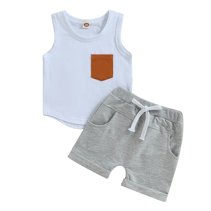 Toddler Baby Kid Boys 2Pcs Tank Top Chest Pocket and Drawstring Short Outfit