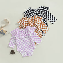 Load image into Gallery viewer, Infant Baby Girl Checkered Bodysuit Long Sleeve Plaid Printed O-neck Jumpsuit Ruffle Shoulder Romper

