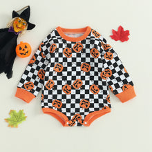 Load image into Gallery viewer, Baby Girl Boy Halloween Bodysuit Long Sleeve Pumpkin Printed Crew Neck Checkered Romper
