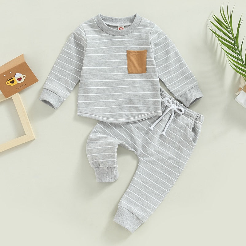 Baby Boys Clothing Set Striped Print Pocket Long Sleeve T-shirt and Elastic Waist Drawstring Long Pants Outfit