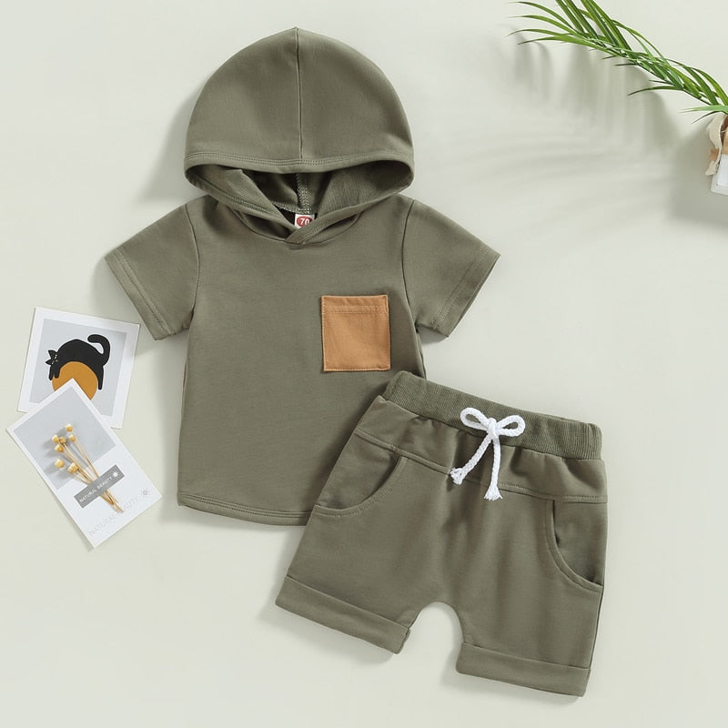 Toddler Baby Boys 2Pcs Short Sleeve Hooded Pocket T-shirt with Elastic Waist Shorts Outfit