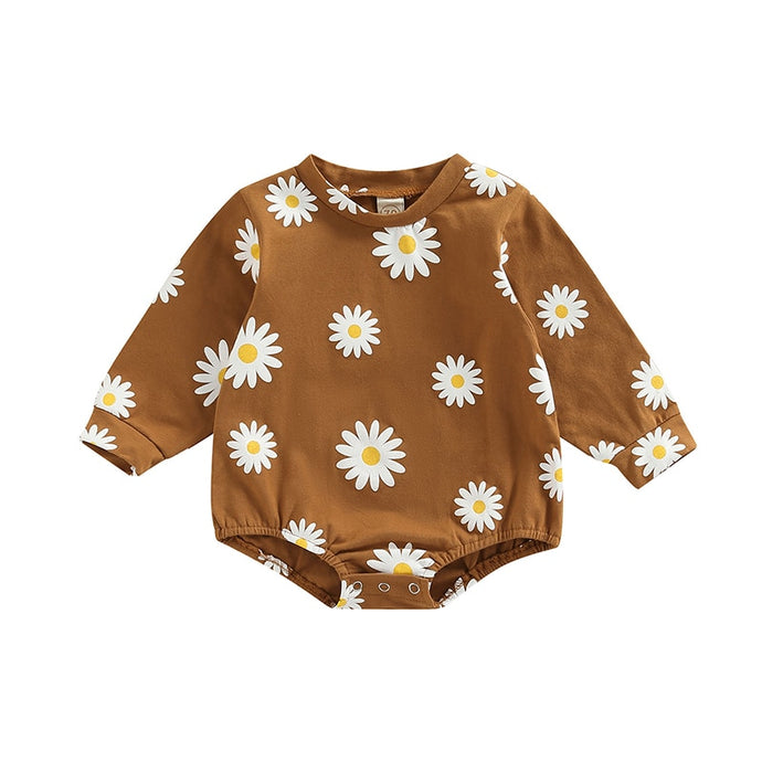 Infant Girl Spring Long Sleeve Bodysuit with Daisy Print Crew Neck Jumpsuit Bubble Romper
