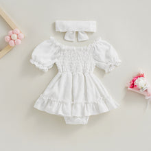 Load image into Gallery viewer, Infant Baby Girls Dress Short Sleeve Ruched Dress Circle Pattern and Headband Bow Outfit
