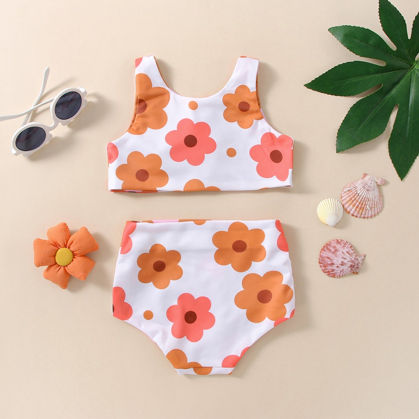 Infant Baby Girls Summer Reversible Swimsuit Flower Heart Print V-Neck Front Knotted Top High Waist Bottoms