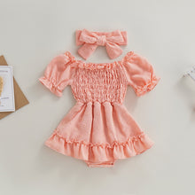 Load image into Gallery viewer, Infant Baby Girls Dress Short Sleeve Ruched Dress Circle Pattern and Headband Bow Outfit
