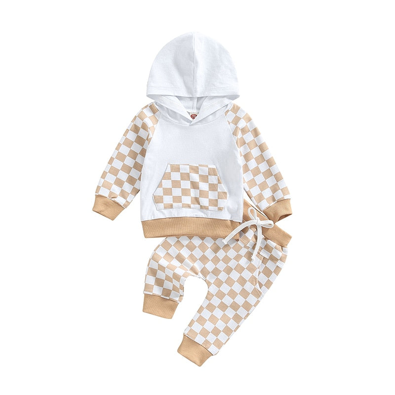 Baby Toddler Girl Boy Outfit 2Pcs Set Plaid Long Sleeve Hoodie with Pockets Elastic Drawstring Waist Pants