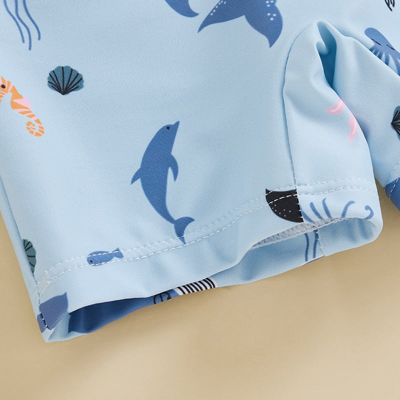 Toddler Baby Boy Girl Summer Marine Life Print Short Sleeve Front Zipper Shorts Swim Suit Swimwear