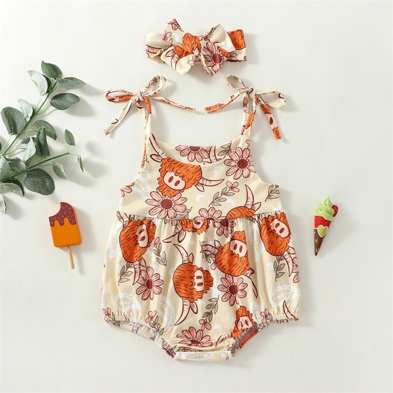 Baby Girl Bodysuit Tie Tank Top Flower / Bull Print Bubble Romper and Headband Outfit