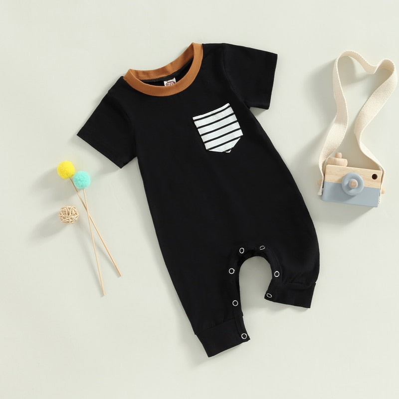 Infant Baby Boys Jumpsuit Crew Neck Color Block Short Sleeve Striped Pocket Romper