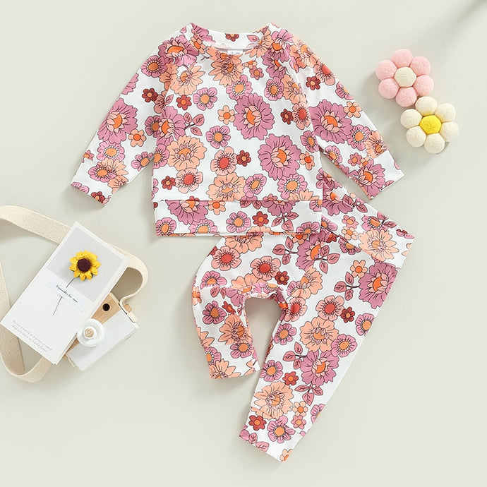 Infant Baby Girls Floral Print Long Sleeve Pullover Top and Pants Outfit Set