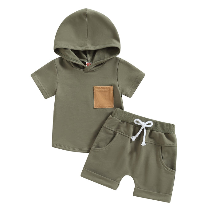 Toddler Baby Boys 2Pcs Short Sleeve Hooded Pocket T-shirt with Elastic Waist Shorts Outfit