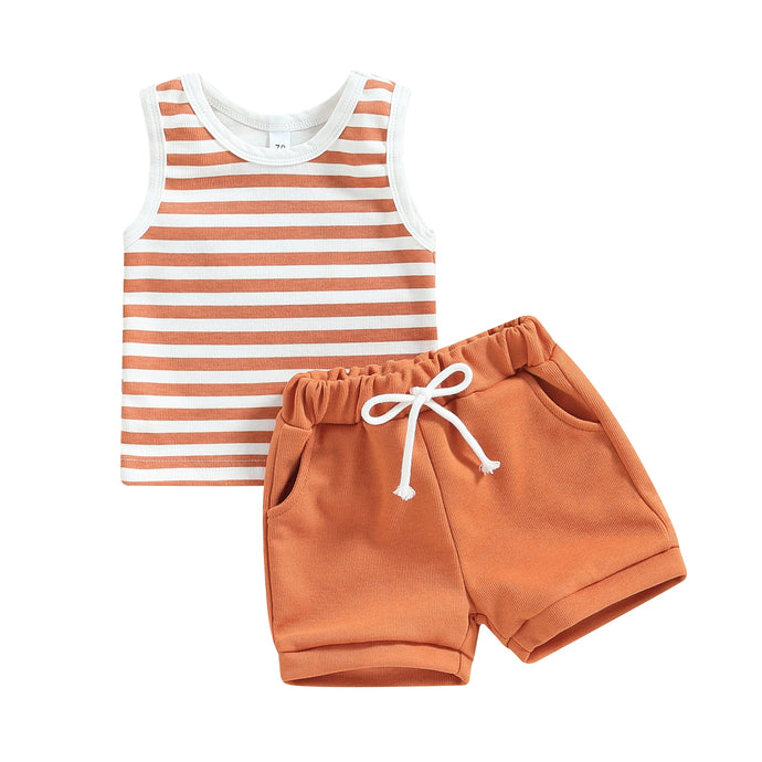 Toddler Girls Boys 2Pcs Striped Ribbed Tank Top Round Neck and Shorts Outfit