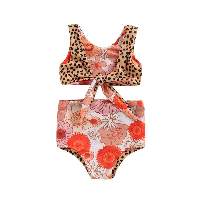 Baby Toddler Girl Summer 2Pcs Swimwear Sets Knotted Top Leopard/Floral Print Bottom