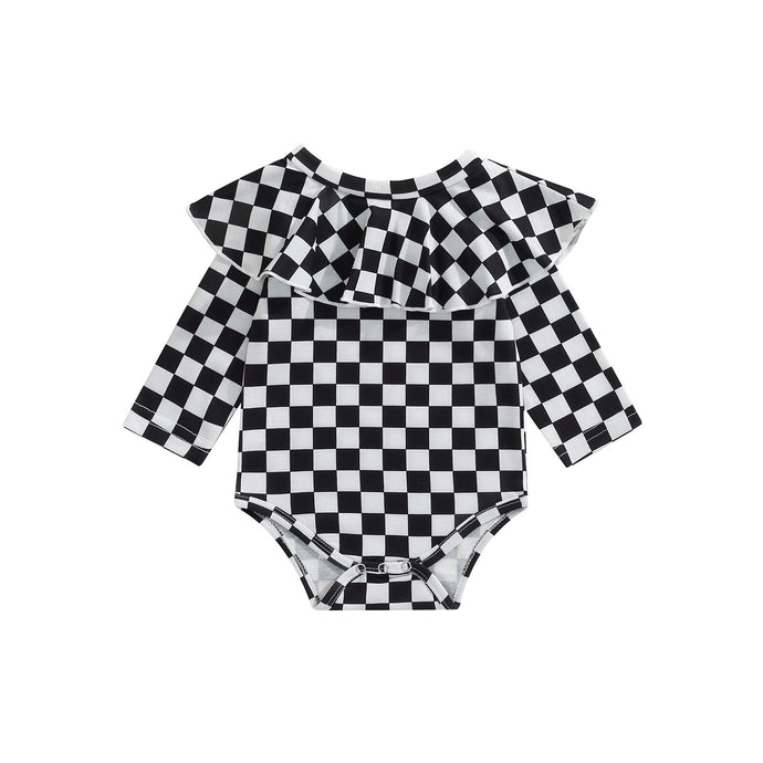 Infant Baby Girl Checkered Bodysuit Long Sleeve Plaid Printed O-neck Jumpsuit Ruffle Shoulder Romper