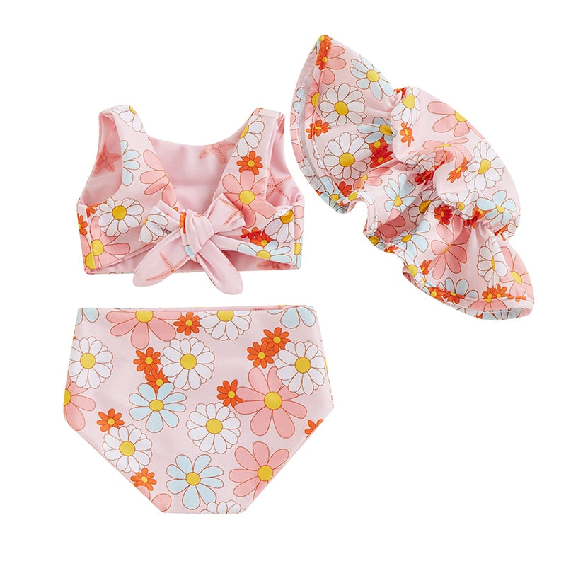 Baby Toddler Girls Summer 3PCS Swimwear Sets Bow Tank Tops Floral Bottoms and  Hat